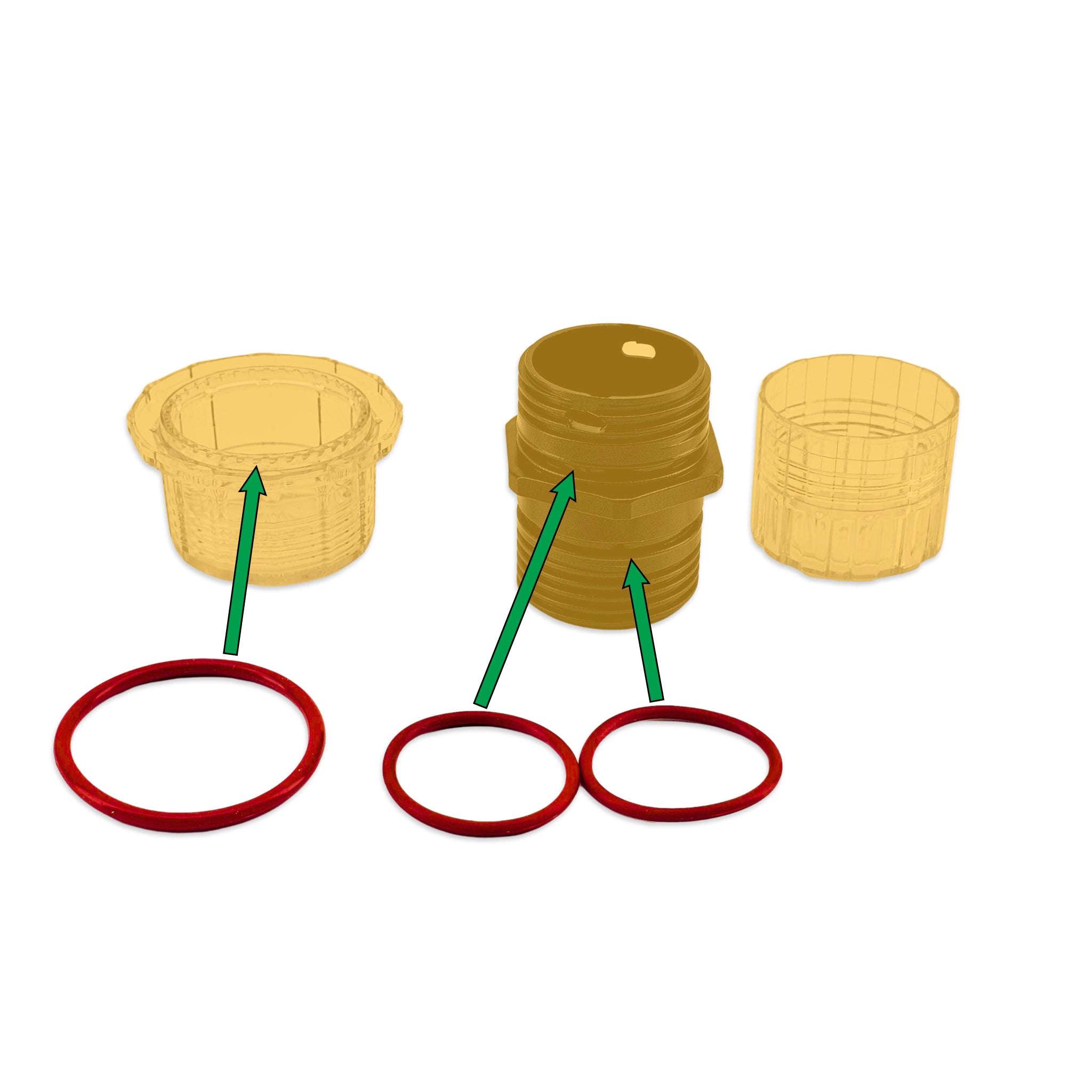 The largest O-Ring is a face sealing oring that buts up against the Keg Lid underside.
The other two o-rings go on the black threaded unit. Please note to attach the bottom o-ring after it has been pushed through the Keg Lid.
