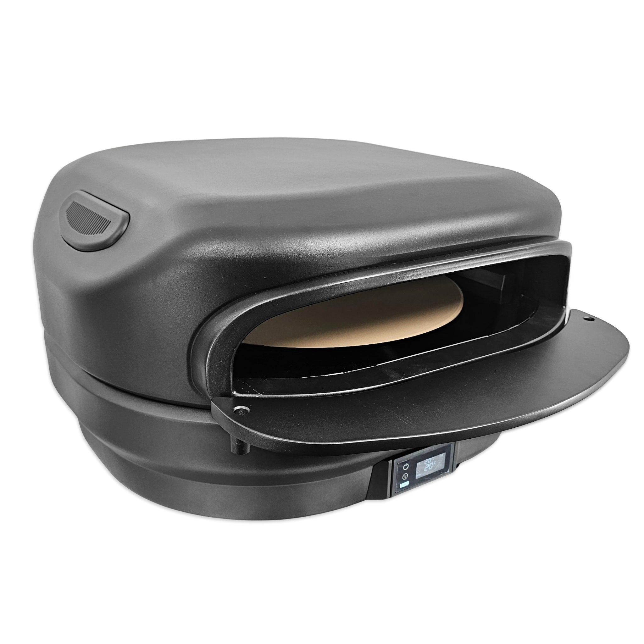 Launching Pad installed on a Black HIZO Spiro Pizza Oven side on left profile.
