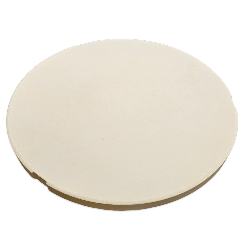 A round, light beige ceramic or stone plate with a small notch on the right edge, shown on a plain white background.