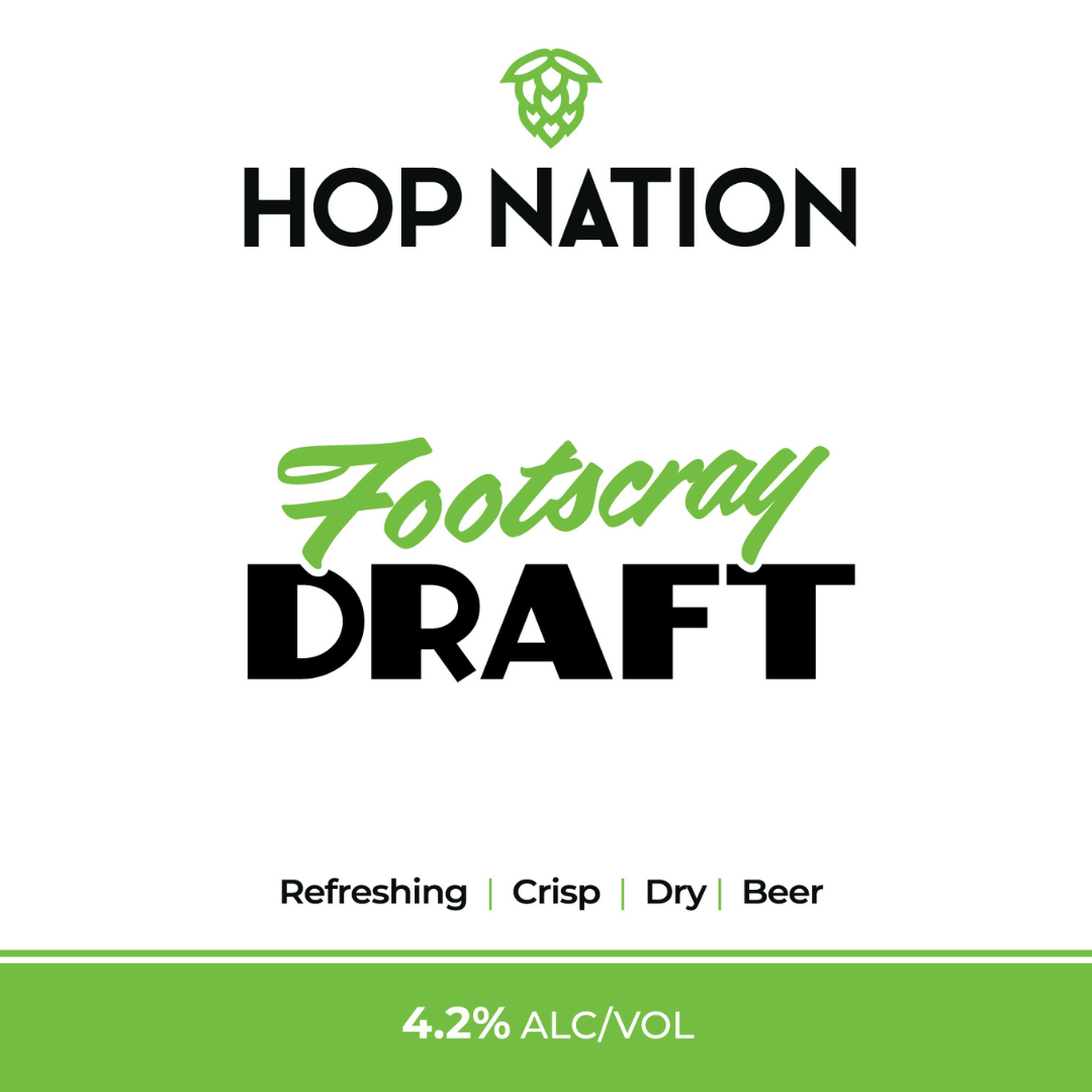 Hop Nation Footscray Draft beer label with branding and product details.