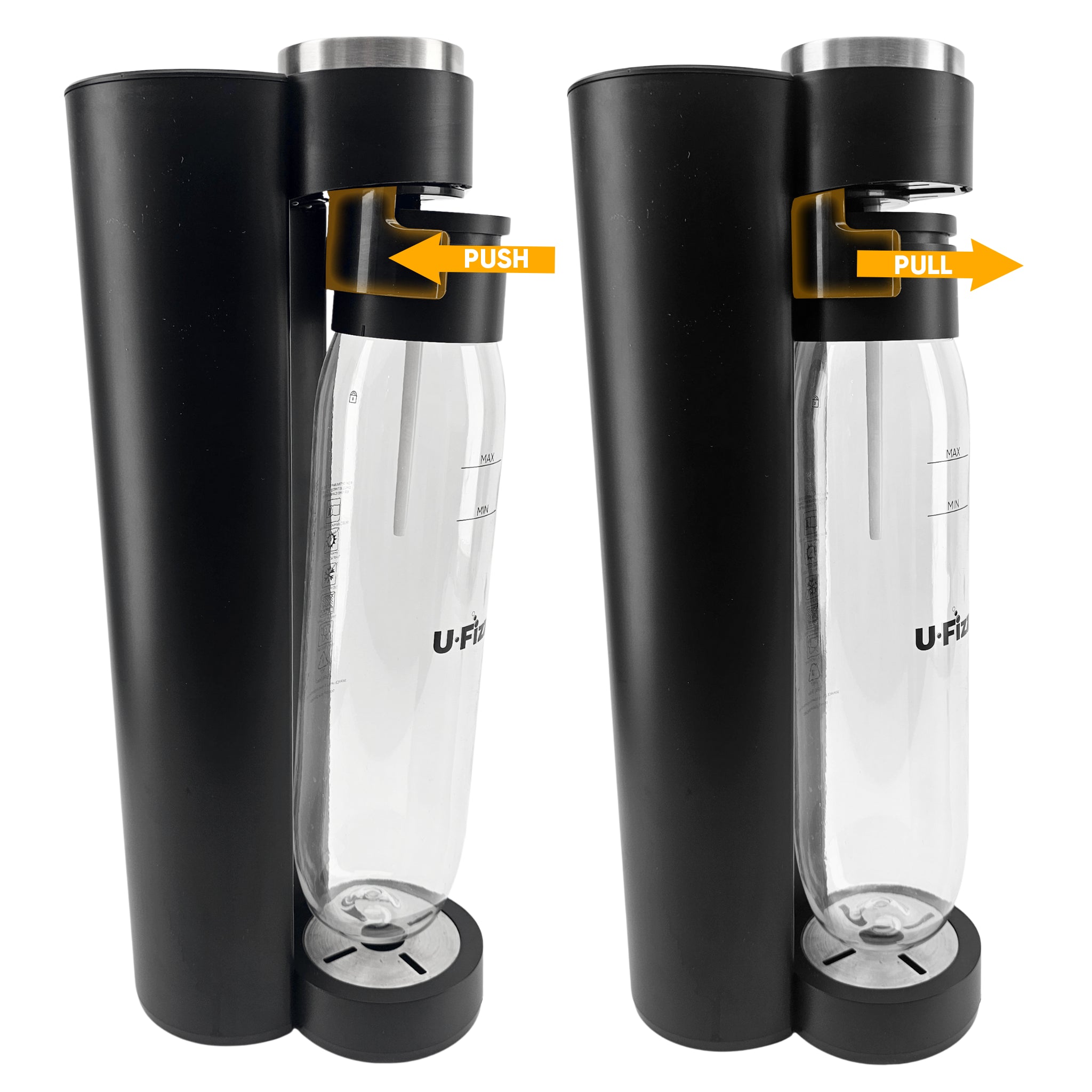 Push 1L Bottle in using the U-Locking mechnism. Push here, and Pull hear to release.