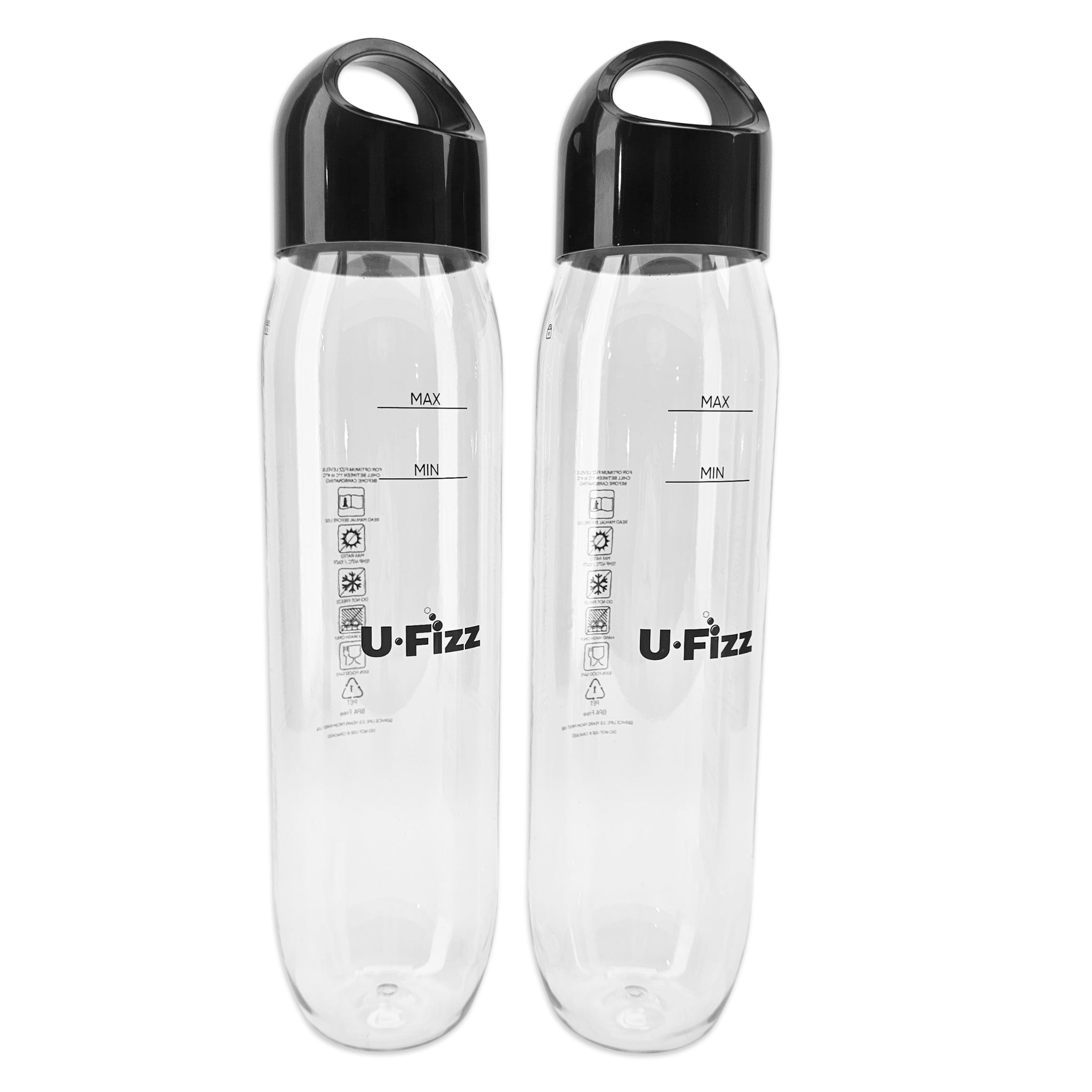 Two clear U-Fizz bottles with black caps on a white background