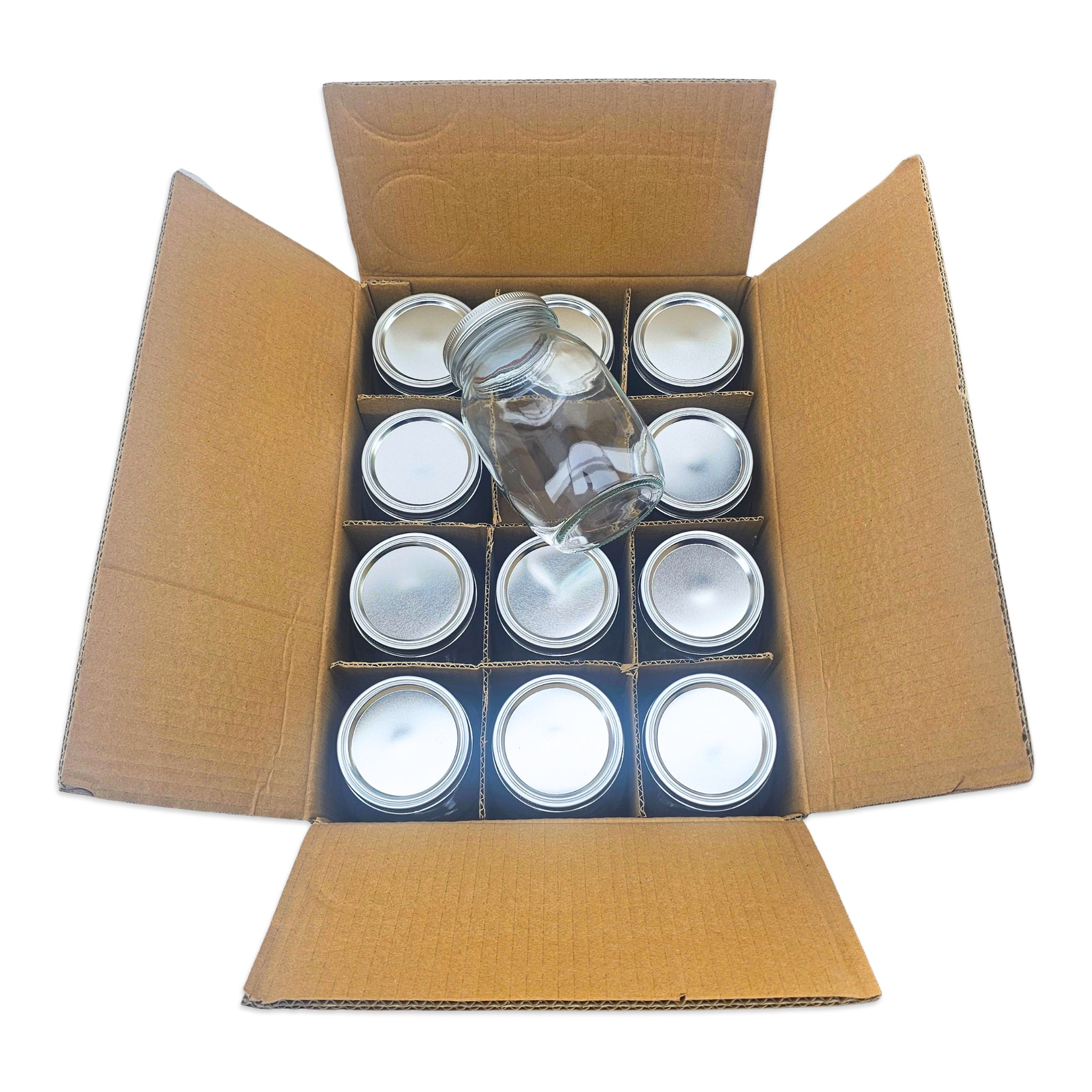 Open cardboard box with Mason jars inside on a white background