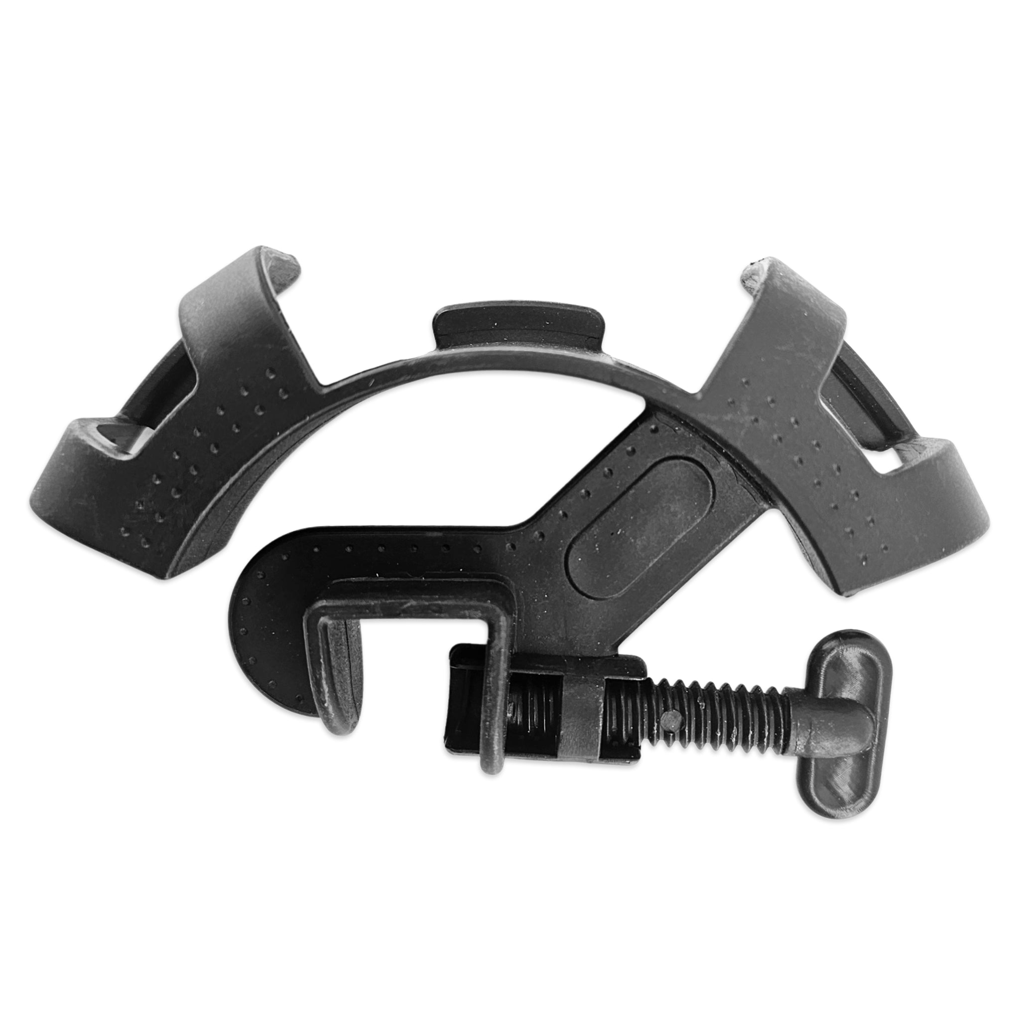 A black plastic adjustable headband clamp with a screw and thumbscrew, shown on a plain white background.