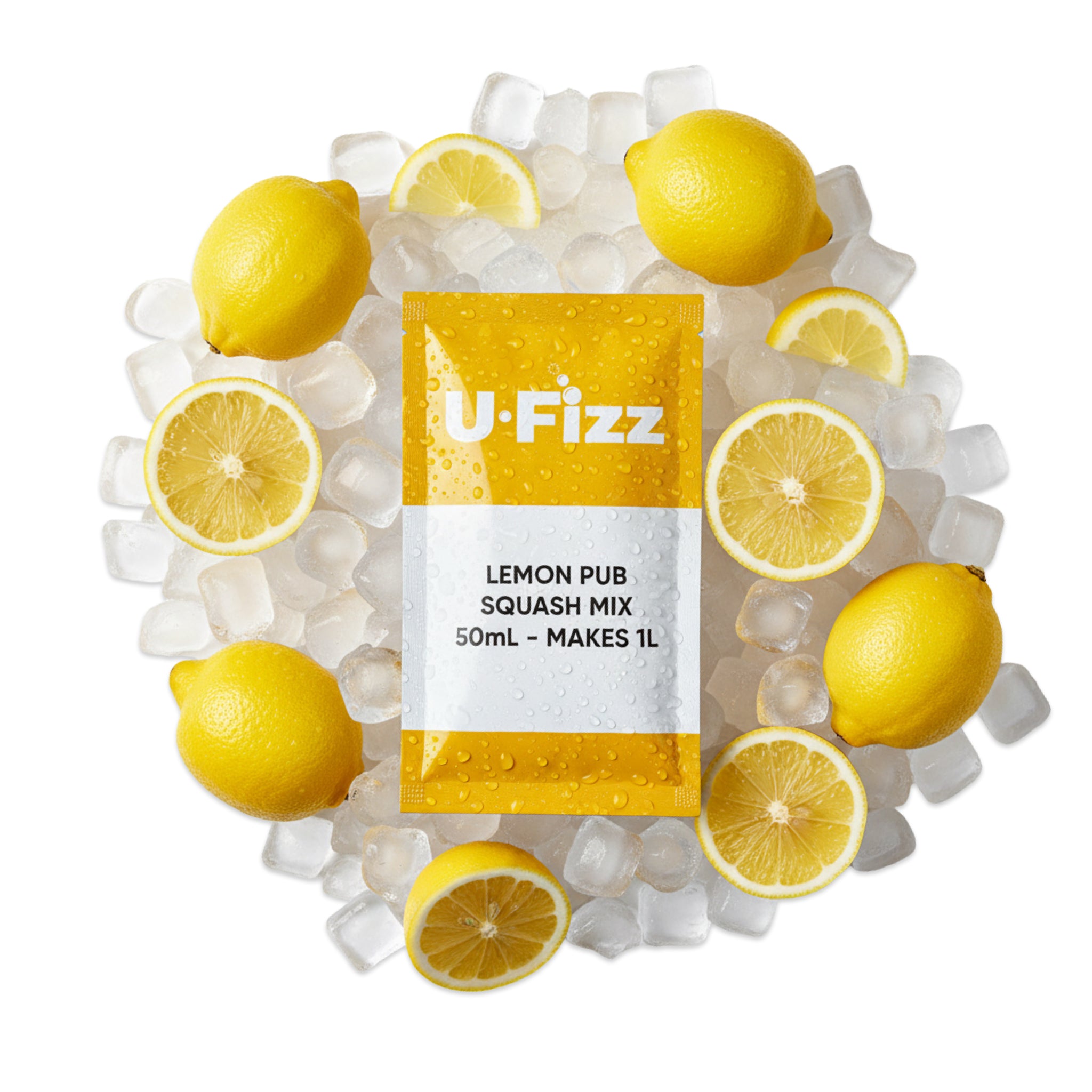 U-Fizz lemon pub squash mix packet surrounded by lemons and ice cubes on a white background