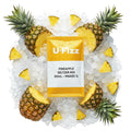 U-Fizz Pineapple Seltzer Mix packet surrounded by pineapple slices on a bed of ice.