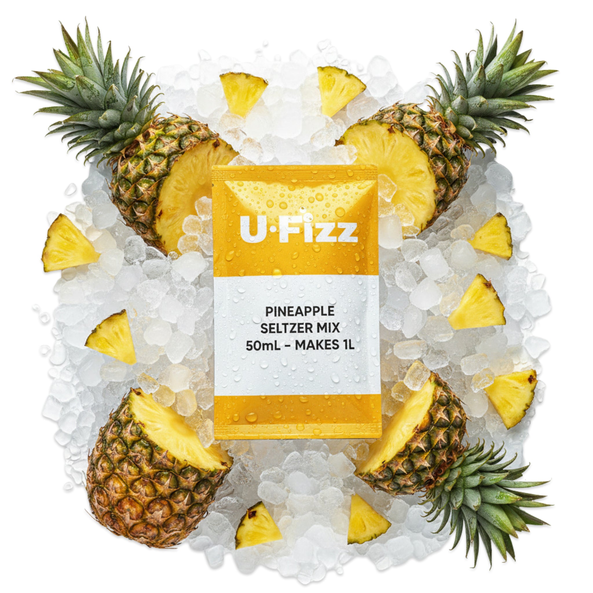U-Fizz Pineapple Seltzer Mix packet surrounded by pineapple slices on a bed of ice.