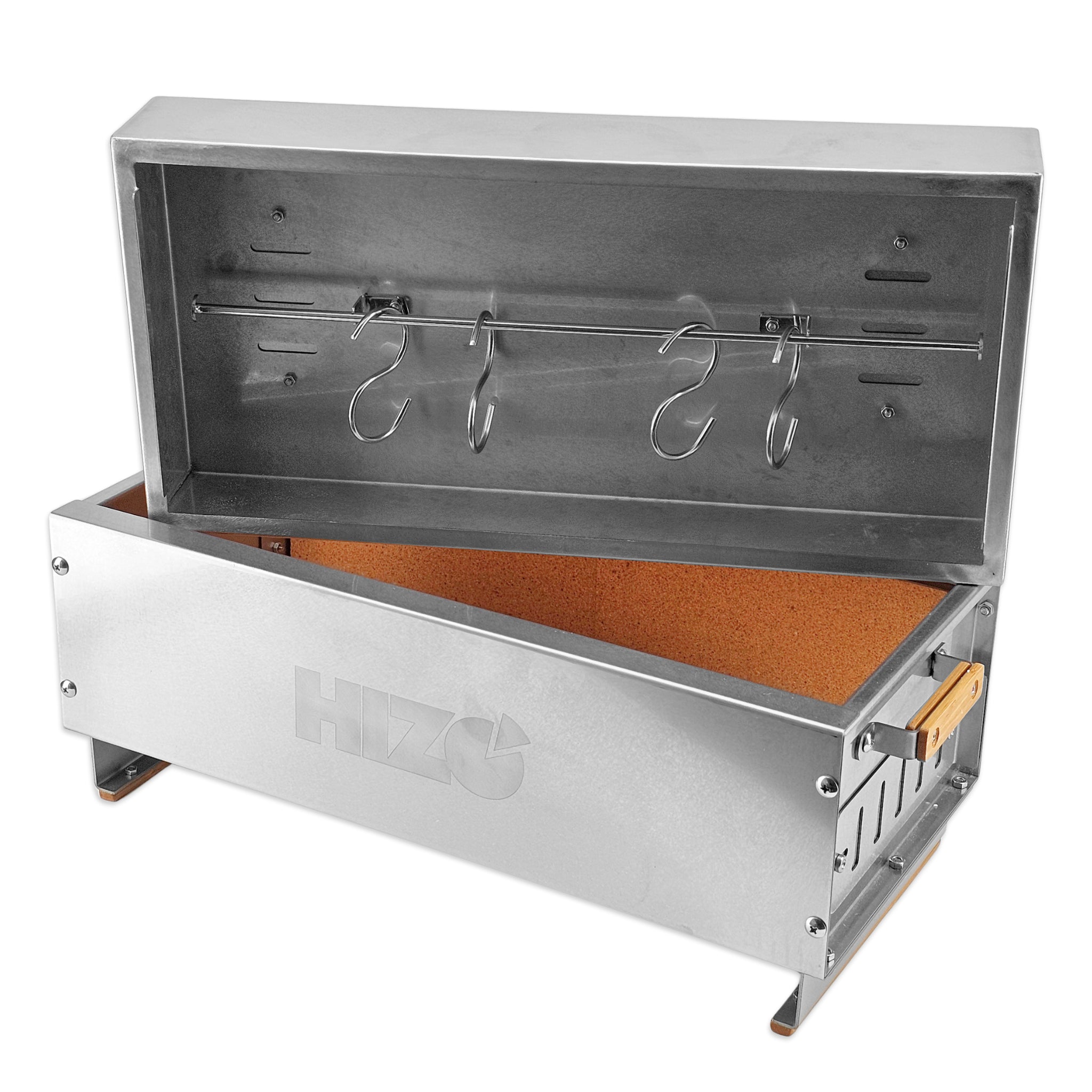 A stainless steel hanging rack box with an open lid showing four metal hooks inside, a cork-lined bottom tray, and a side handle on a white background.