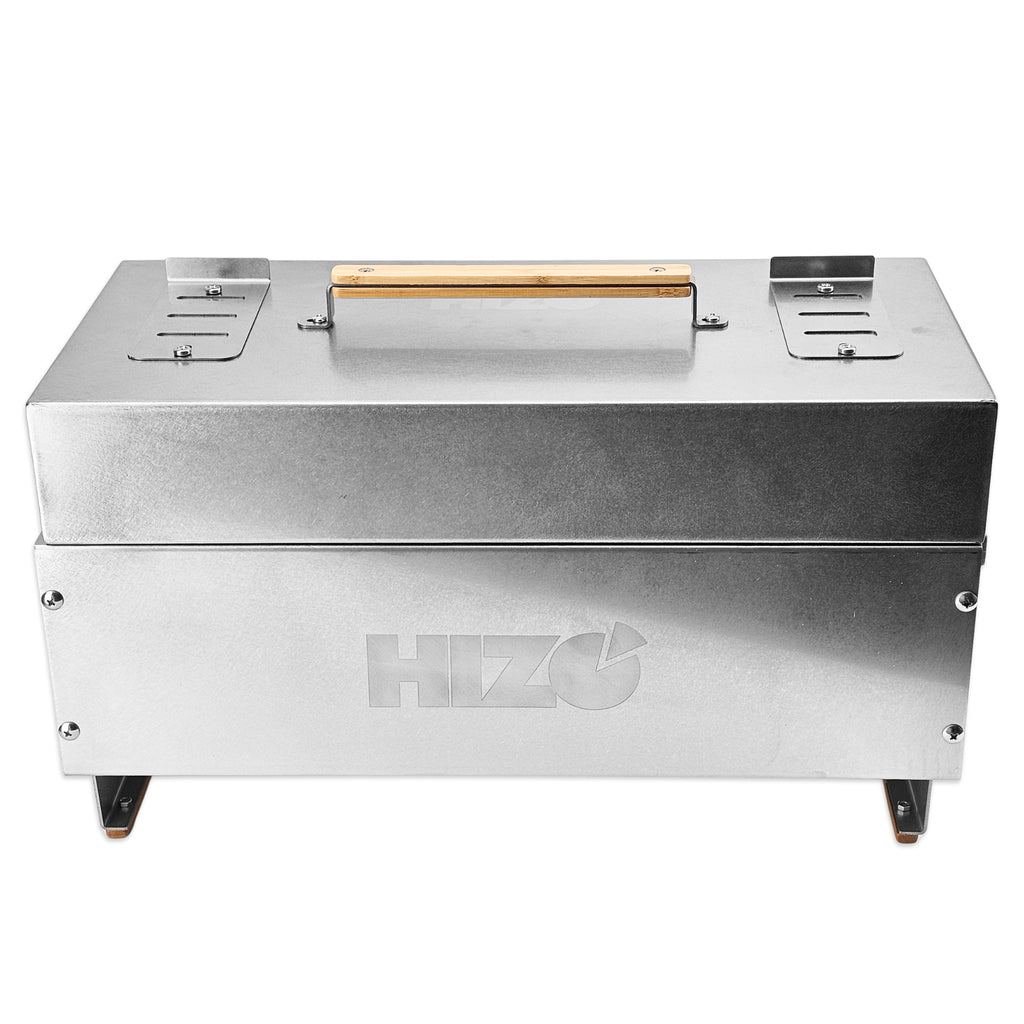 A rectangular hibachi or yakitori bbq grill made by HIZO in full stainless steel.