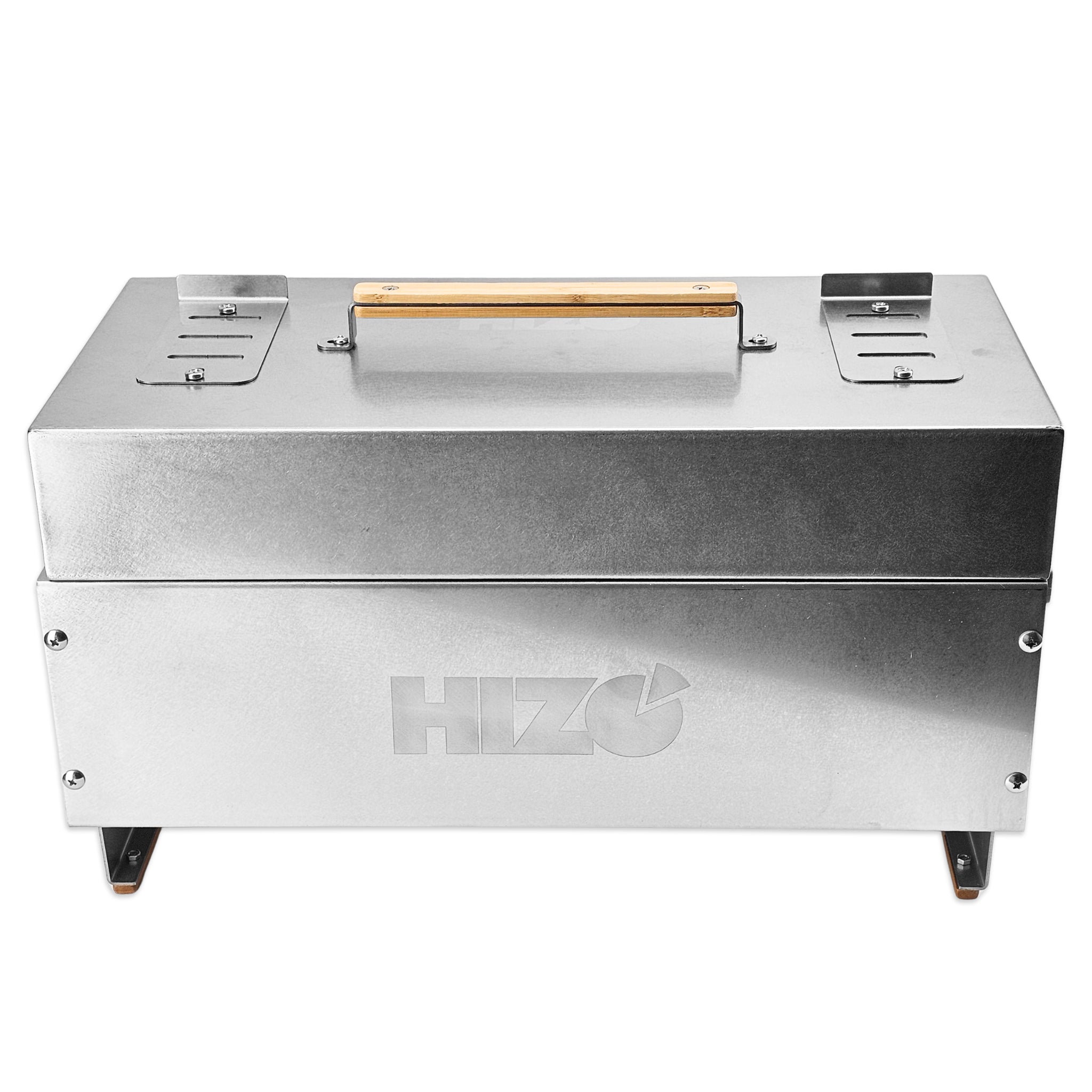 A rectangular hibachi or yakitori bbq grill made by HIZO in full stainless steel.
