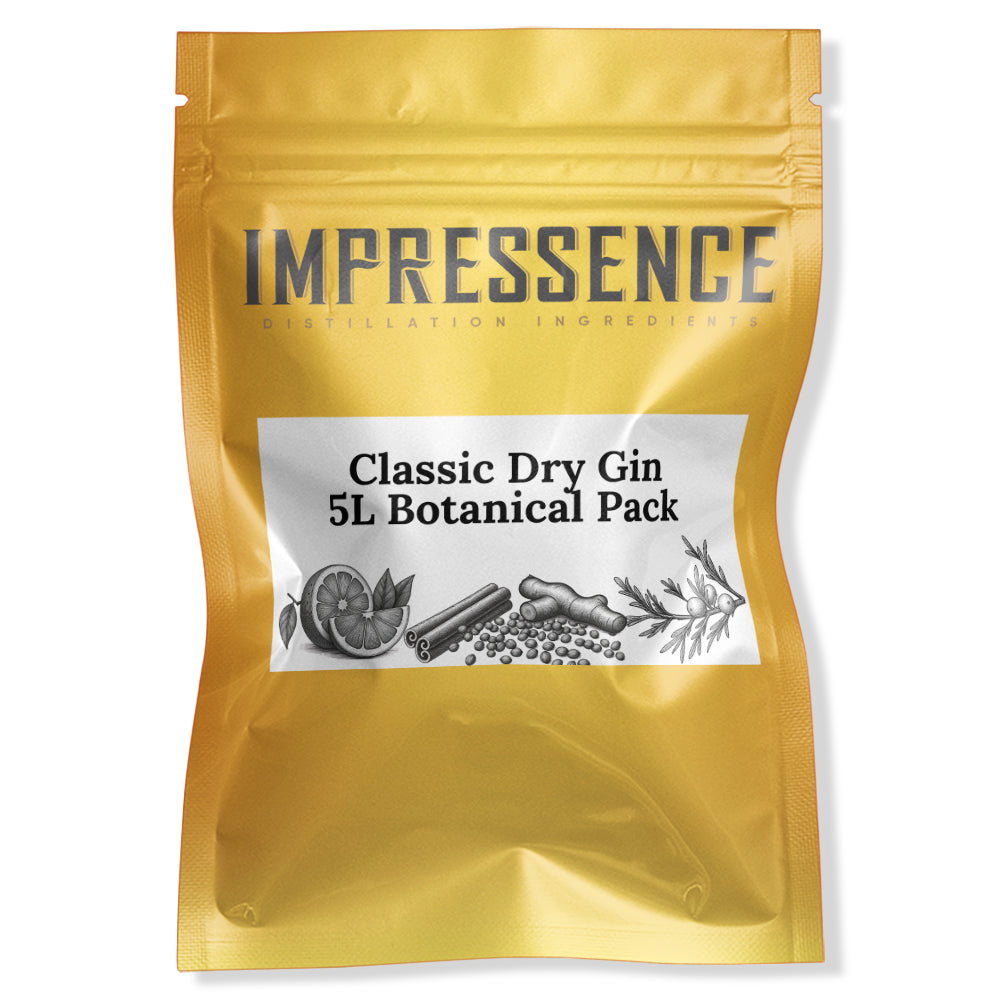 Impressence golden pack, with gin botanicals on the label 5L Botanical Pack to make Classic Dry Gin