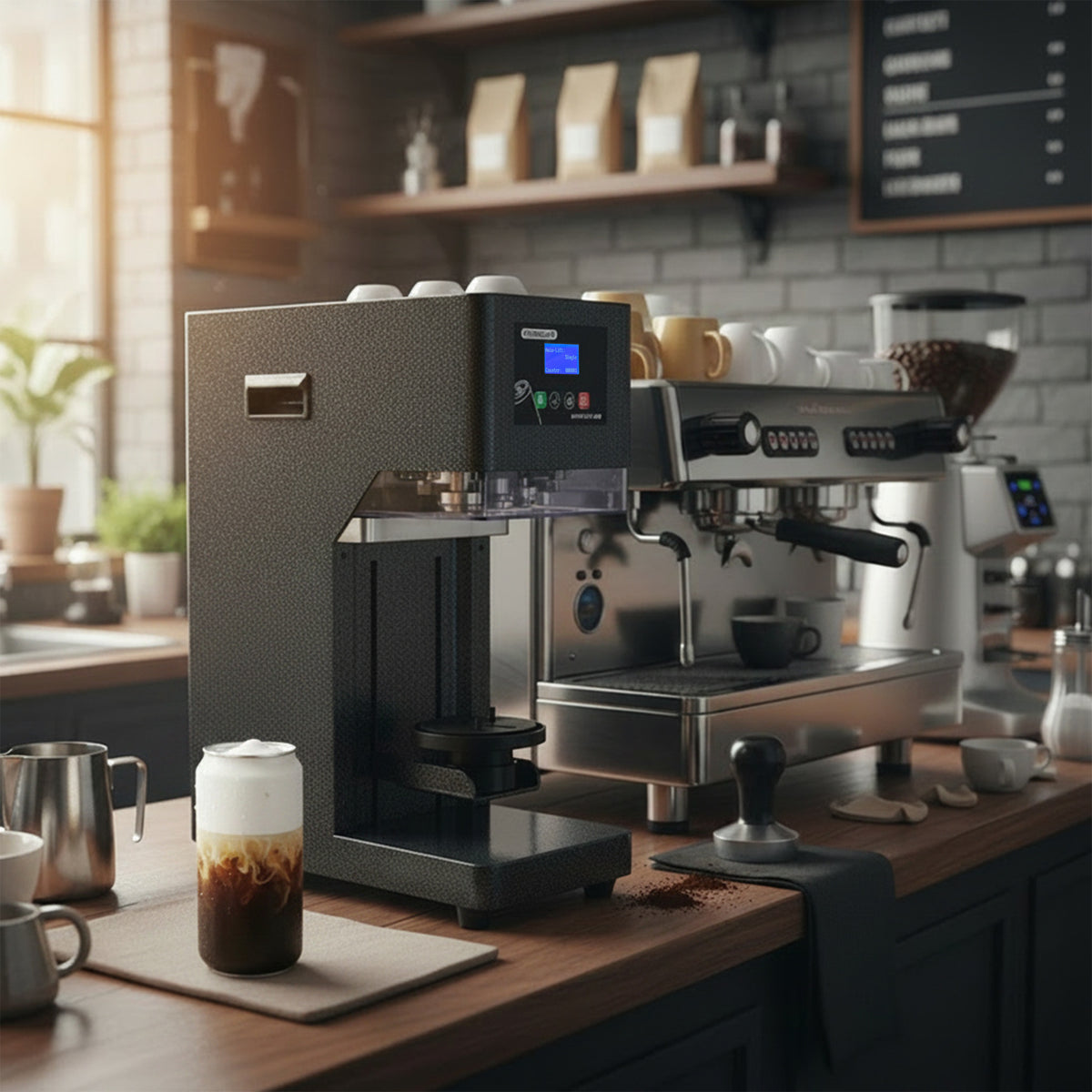 A dark gray countertop espresso machine with a digital control panel stands on a wooden cafe counter next to a stainless steel espresso machine, with coffee cups and a glass of iced coffee nearby in a warm, rustic coffee shop setting.