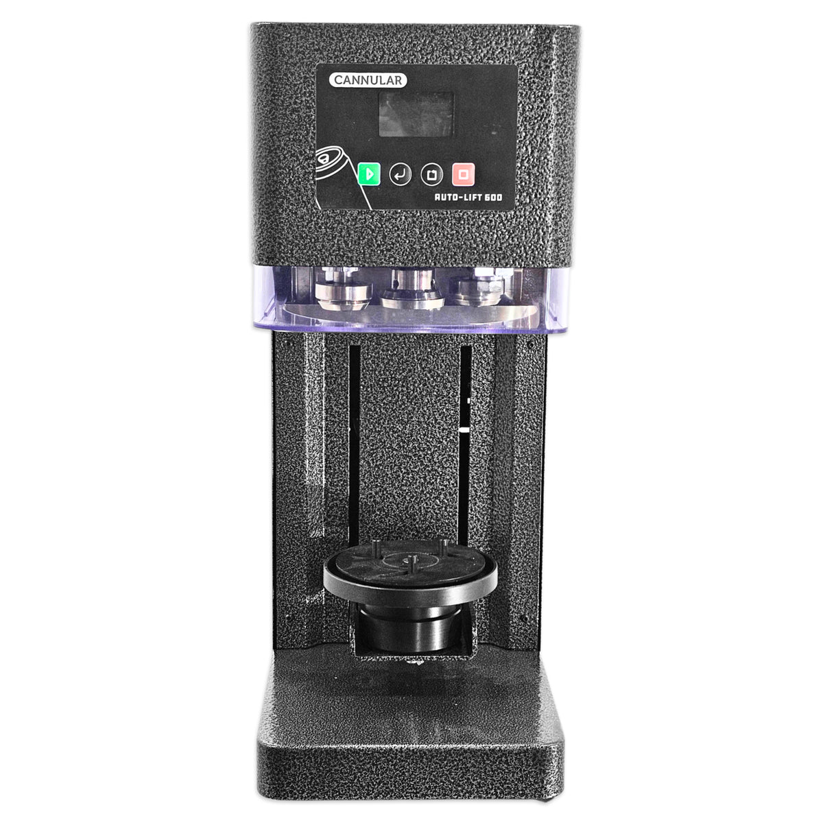 A Cannular AUTO-LIFT 600 Canning machine, featuring a textured black and dark gray body with a digital control panel on top, shown against a plain white background.