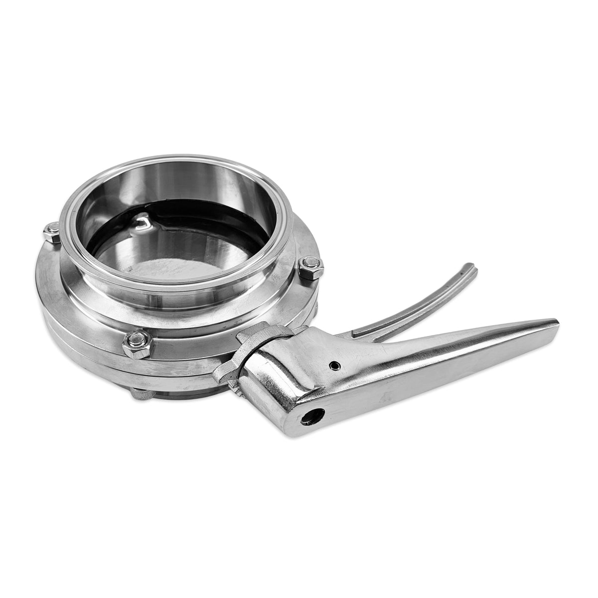 A stainless steel butterfly valve with a lever handle, shown on a solid white background.