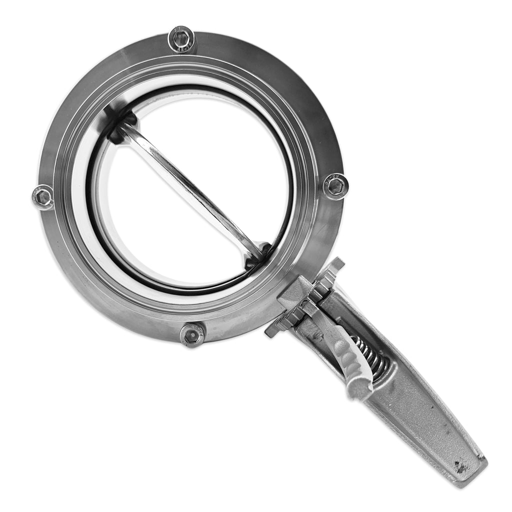 A stainless steel butterfly valve with a circular inspection cover, internal butterfly blade, and a long handle with a spring-loaded latch mechanism, isolated on a white background.