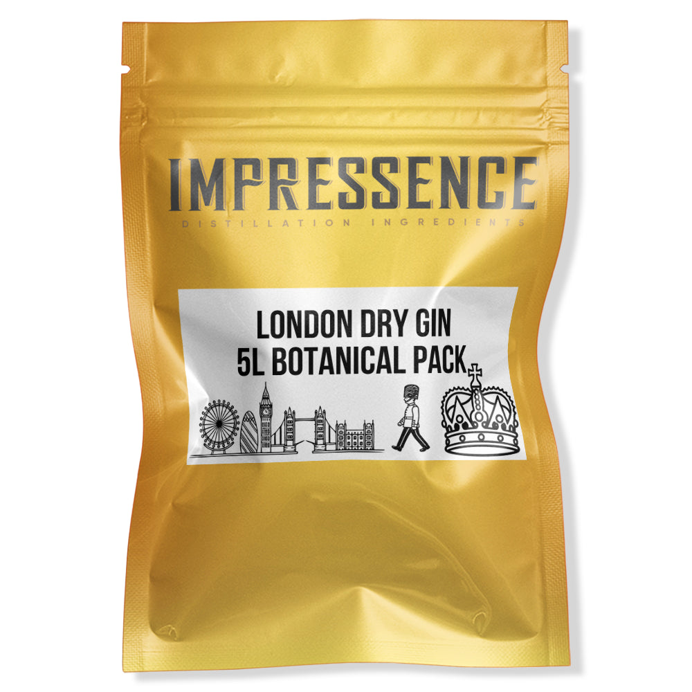 Impressence golden pack, London symbols on the label 5L Botanical Pack to make London Dry Gin