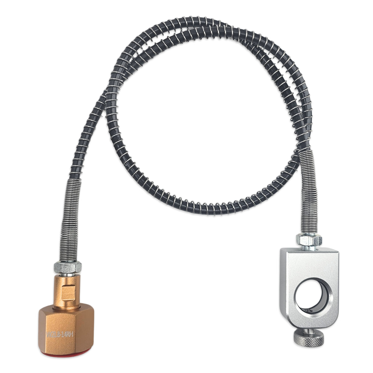 Hydraullic Hose wrapped ina protective wire. On one end is a W21-14RH Type 30 Brass Connection, on the other is a Refill Adaptor for the SodaStream Quick Disconnect Cylinders.