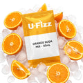 A 50mL pouch of U-Fizz Orange Soda Mix surrounded by ice cubes and sliced oranges on a white background.