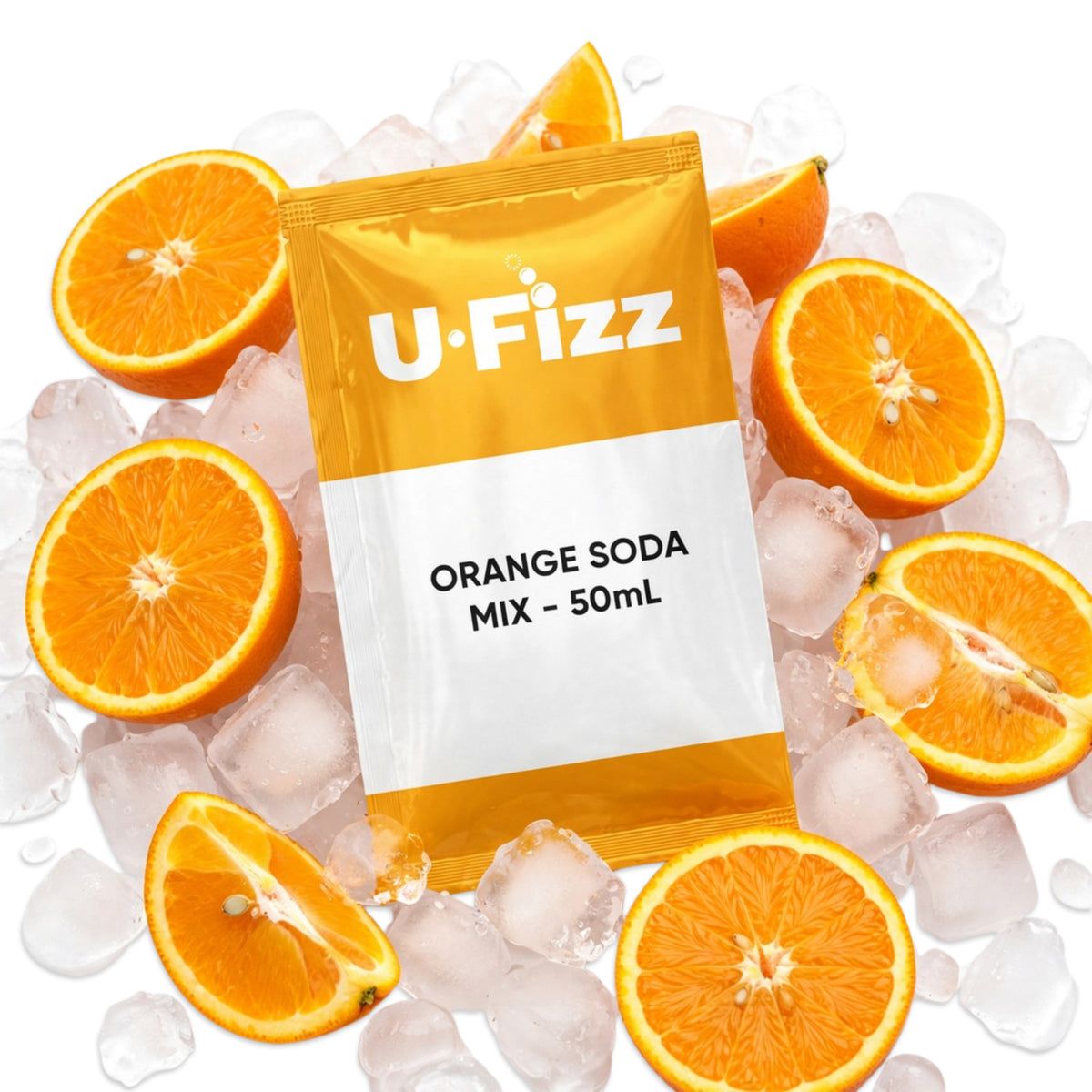 A 50mL pouch of U-Fizz Orange Soda Mix surrounded by ice cubes and sliced oranges on a white background.