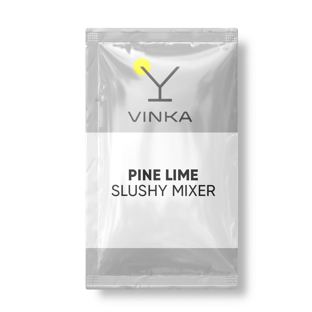 A silver foil packet of Vinka Pine Lime Slushy Mixer, featuring a gray and white design with a yellow cocktail glass logo, set against a plain white background.