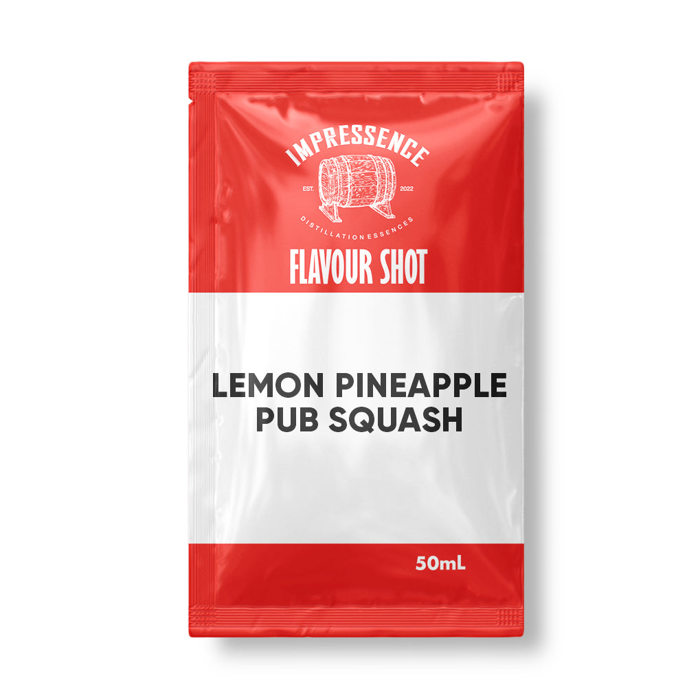 A 50mL pouch of Imprescence Flavour Shot 'Lemon Pineapple Pub Squash' featuring a red, white, and black color scheme with a barrel logo.