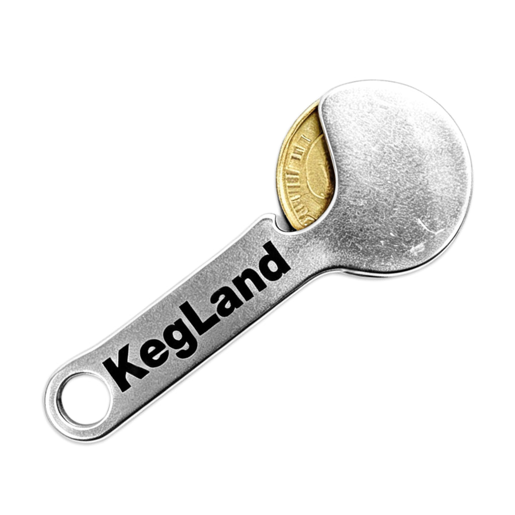 Size Comparisson of the KegLand Trolley Token and an Australian $1 coin.