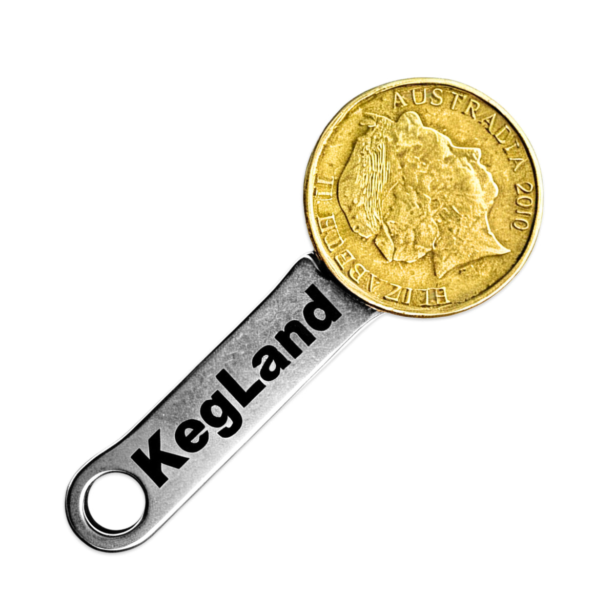 Overlaid $1 coin to show size of the KegLand Trolley Token.