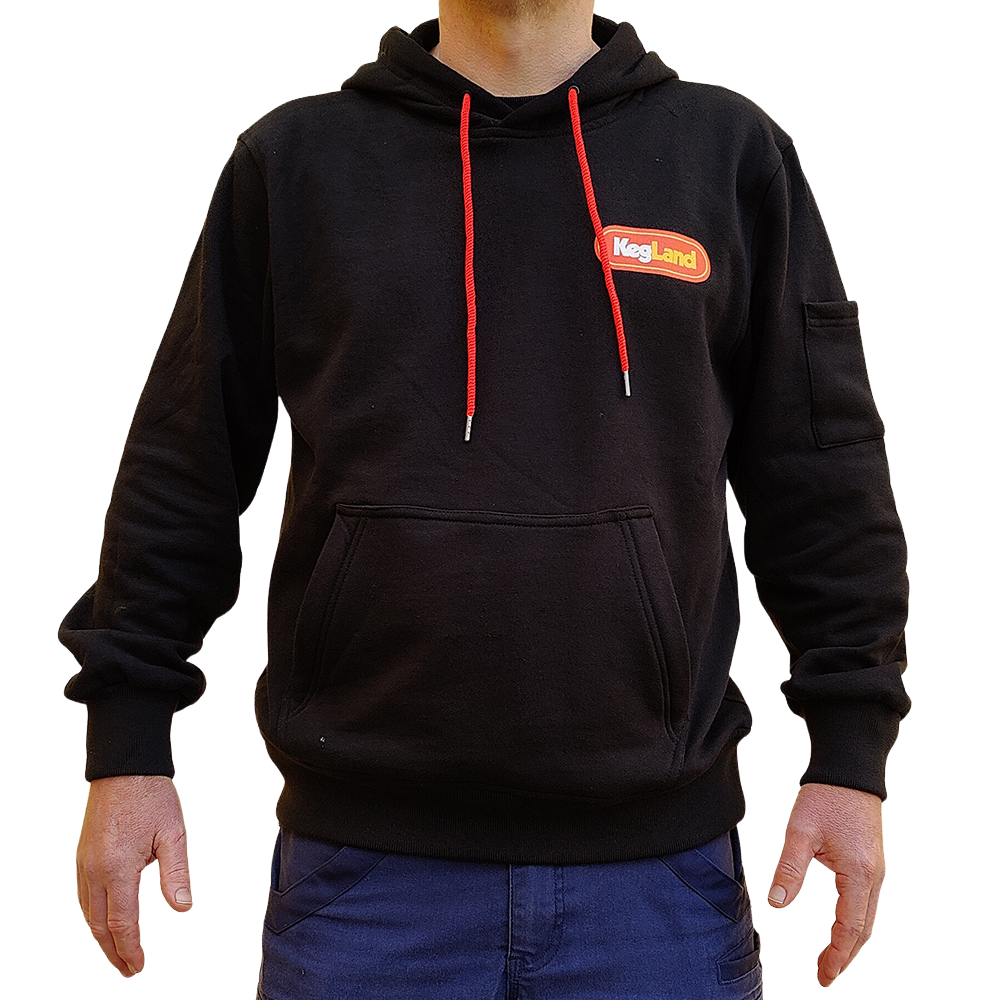 Black hoodie with red drawstrings and a visible KegLand logo 