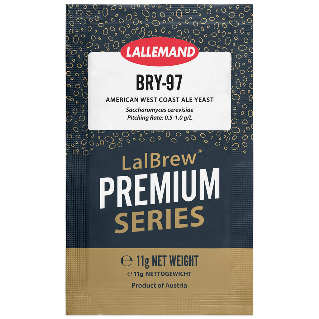Lallemand Bry-97 American West Coast Ale Yeast in LalBrew Premium Series packaging, featuring a dark navy blue and gold design with a white label.