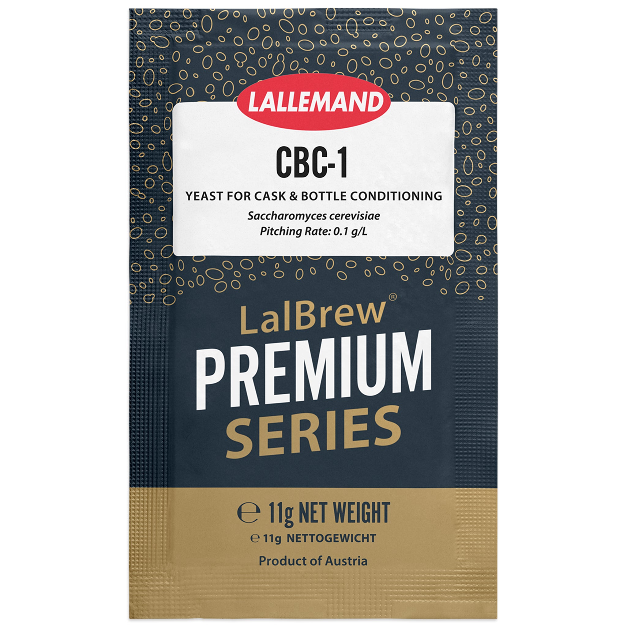 A single packet of Lallemand CBC-1 Yeast for Cask & Bottle Conditioning by LalBrew, featuring a dark navy blue and gold textured design with a white label.