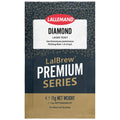 Lallemand LalBrew Premium Series Diamond Lager Yeast product packaging, featuring a dark navy blue patterned background, a white label with red Lallemand branding, and a gold textured bottom section.