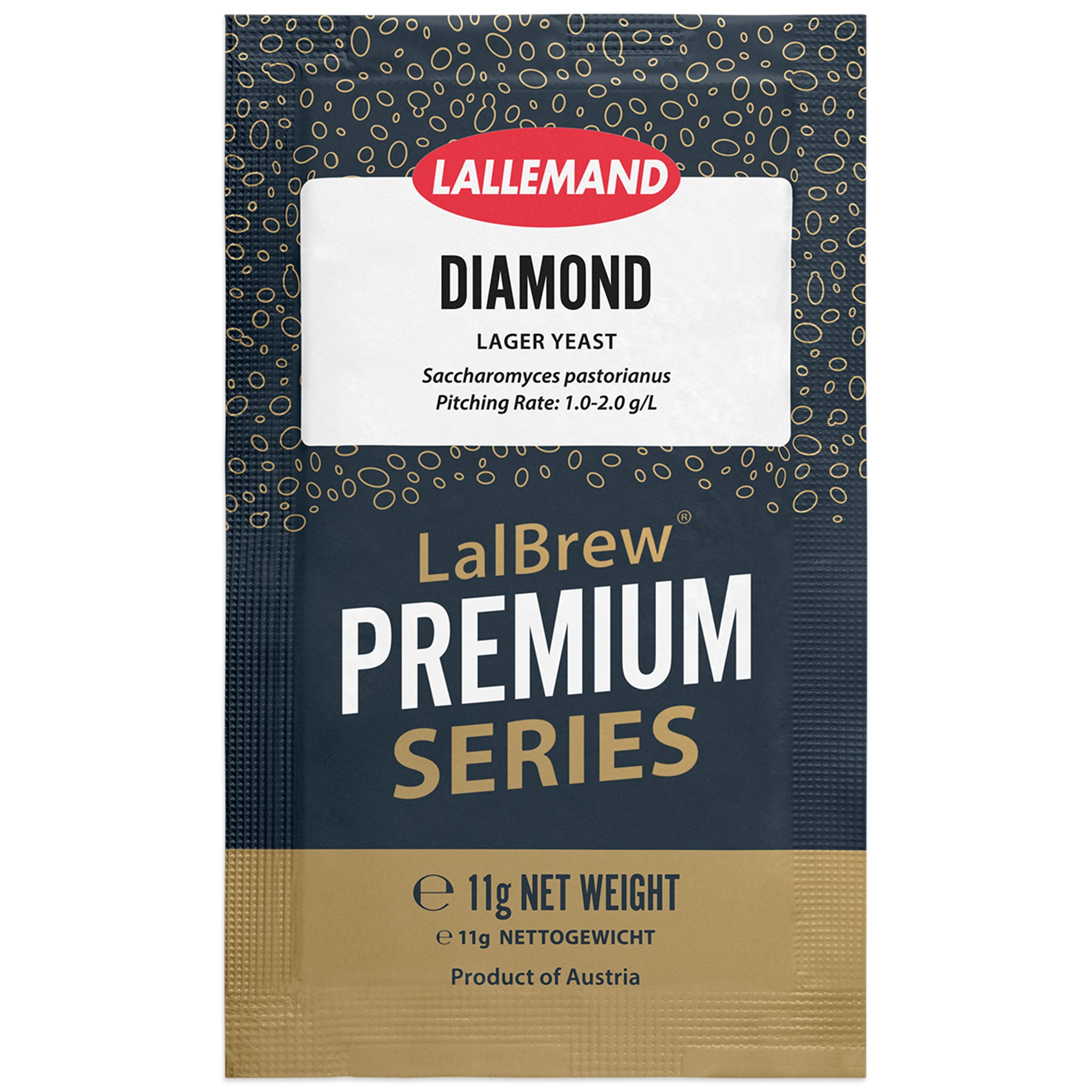 Lallemand LalBrew Premium Series Diamond Lager Yeast product packaging, featuring a dark navy blue patterned background, a white label with red Lallemand branding, and a gold textured bottom section.