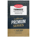 A single packet of LalEmand Farmhouse Hybrid Saison-Style Yeast from the LalBrew Premium Series. The packaging features a dark navy blue top section with gold patterned accents, a white label with red and black text, and a gold-colored bottom section.