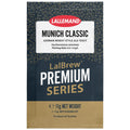 A single packet of LalEmand Munich Classic German Wheat-Style Ale Yeast from the LalBrew Premium Series, featuring a dark navy blue design with gold patterns, a white label, and a gold textured bottom section.