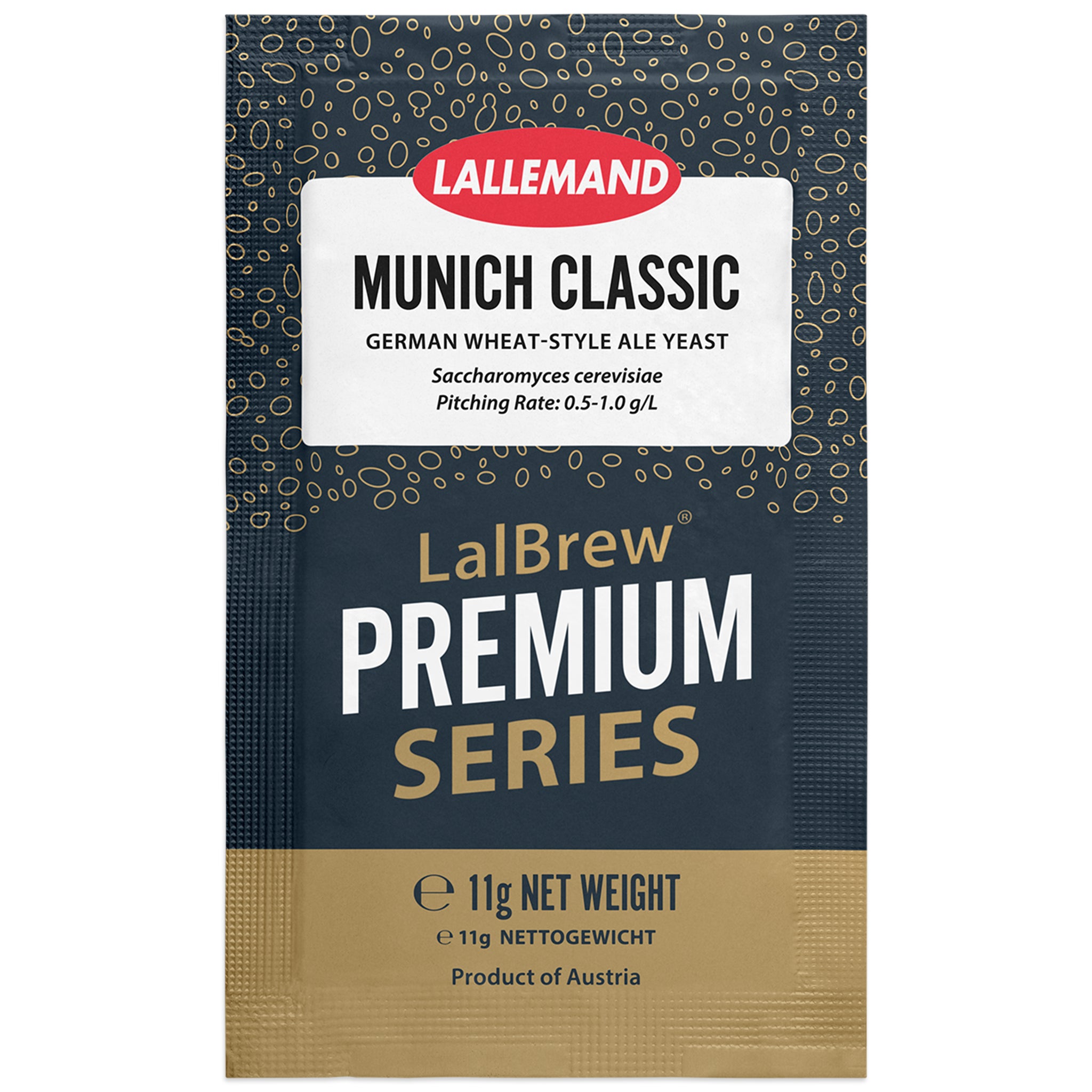 A single packet of LalEmand Munich Classic German Wheat-Style Ale Yeast from the LalBrew Premium Series, featuring a dark navy blue design with gold patterns, a white label, and a gold textured bottom section.
