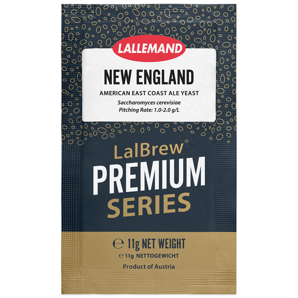 A single packet of Lallemand New England LalBrew Premium Series American East Coast Ale Yeast, 11g net weight, on a white background.