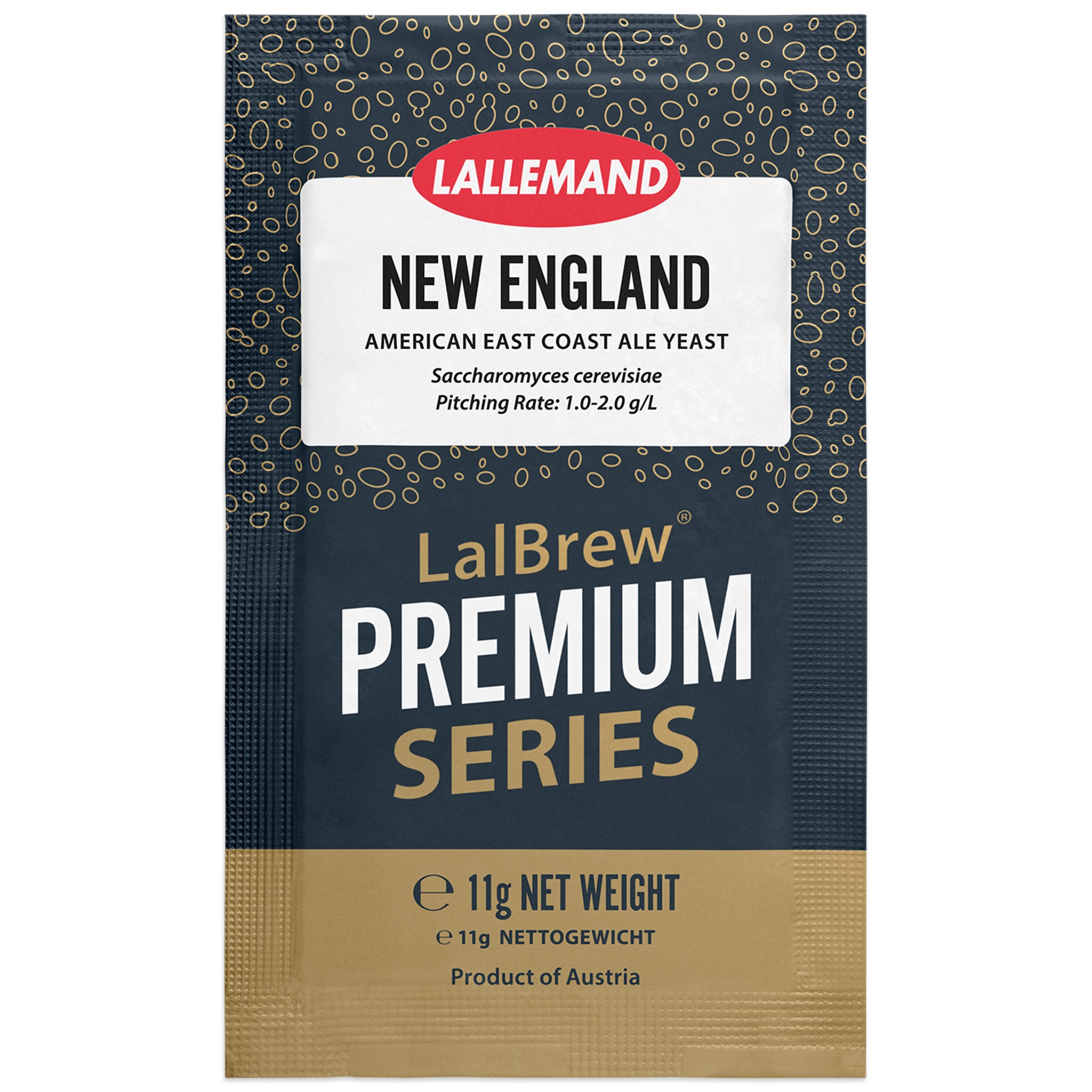 A single packet of Lallemand New England LalBrew Premium Series American East Coast Ale Yeast, 11g net weight, on a white background.