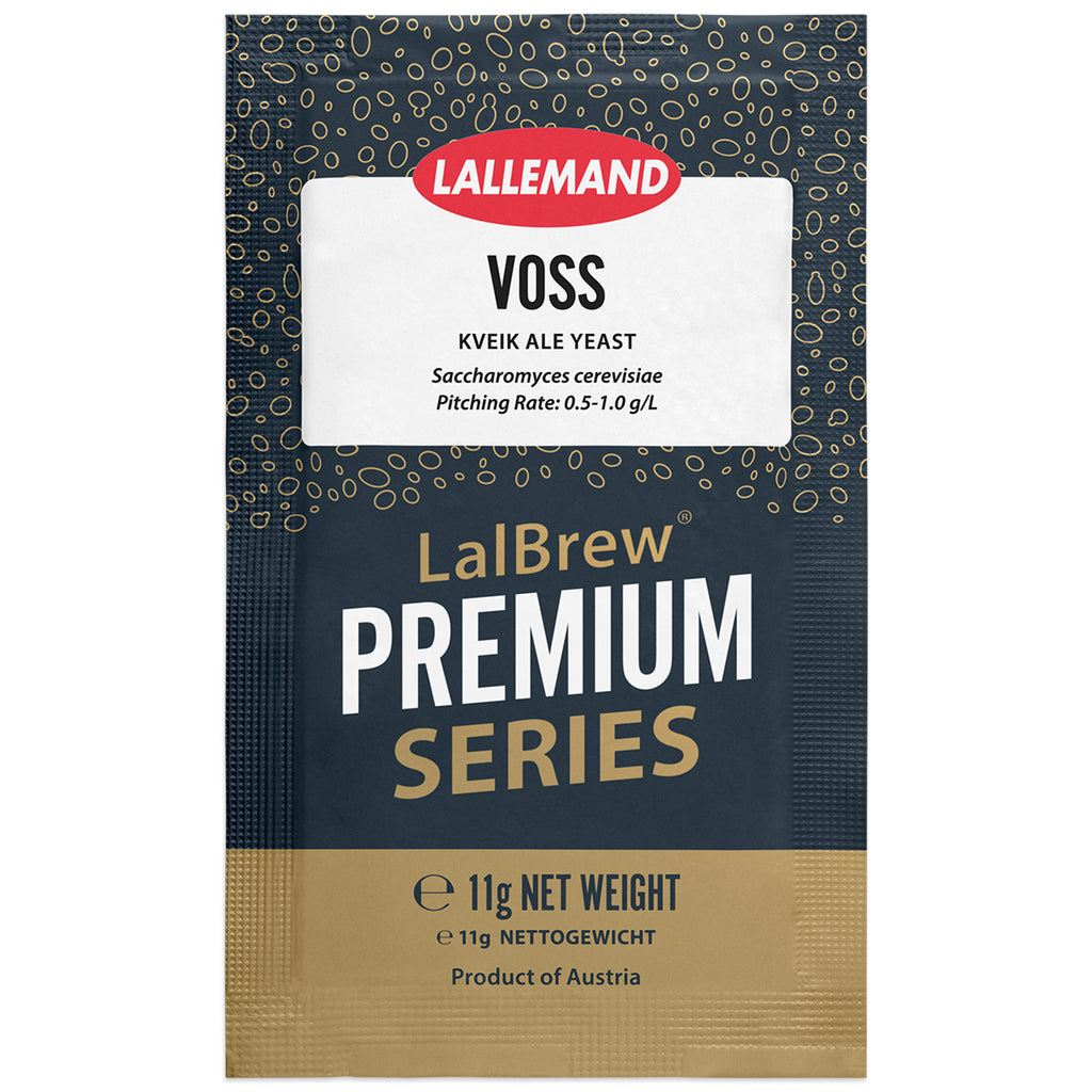 A single packet of LalBrew Voss Kveik Ale Yeast from LalBrew Premium Series. The packaging features a dark navy blue top section with gold patterned accents, a white label with red 'LALLEMAND' branding, and a gold-colored bottom section.