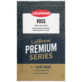A single packet of LalBrew Voss Kveik Ale Yeast from LalBrew Premium Series. The packaging features a dark navy blue top section with gold patterned accents, a white label with red 'LALLEMAND' branding, and a gold-colored bottom section.