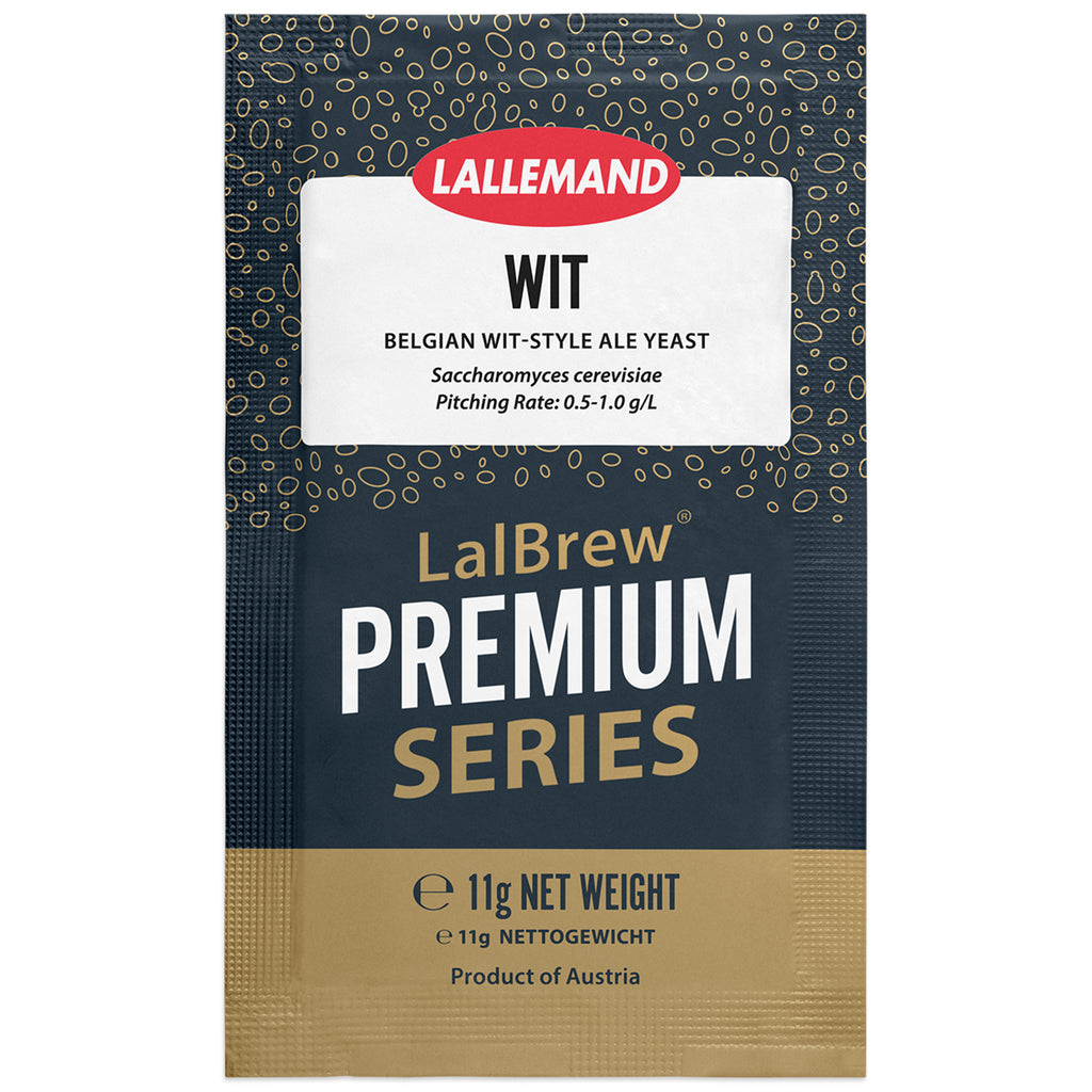 A single packet of Lallemand WIT Belgian Wit-Style Ale Yeast from the LalBrew Premium Series. The packaging features a dark navy blue textured background with gold geometric patterns, a white label with red and black text, and a gold-colored bottom section.