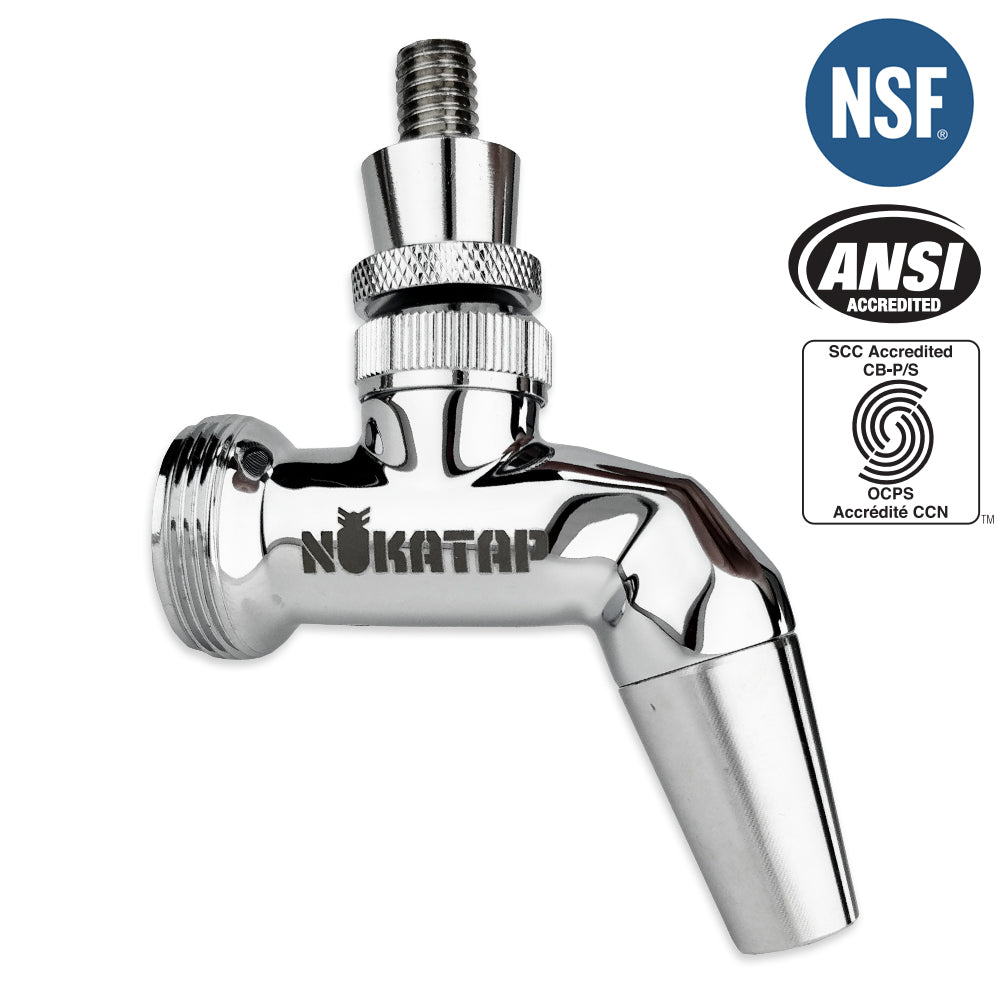 A silver-colored NUKATAP SS with various certification logos displayed (NSF, ANSI, SCC, Accredit CCN), indicating its quality and accreditation.